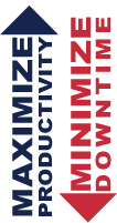 Red and blue arrows representing maximize production and minimize downtime.